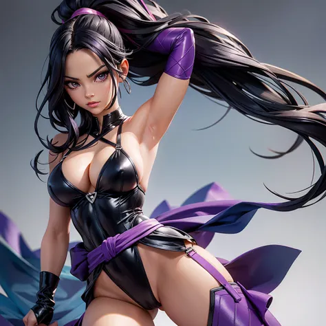 Create a highly detailed image of Psylocke from Marvel Comics, featuring her toned, bodybuilding body. She is wearing a black swimsuit and has a long purple sash tied around her waist. Its arms and legs have black bands. The scene should portray her in a d...