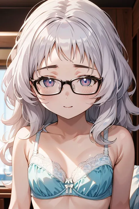 Mie Ai、1 girl、Wavy hair、glasses、small breasts、he is short、、High resolution、highest quality、detailed face、detailed eyes、(((white pantie,bra)))