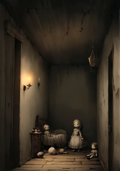 dark room, ceiling, creepy doll hanging from the ceiling, eerie atmosphere, dimmed lighting, ominous shadows, haunted ambiance, vintage decor, dusty air, flickering candle, chilling silence, uncanny presence, cracked walls, decaying floorboards, tattered c...