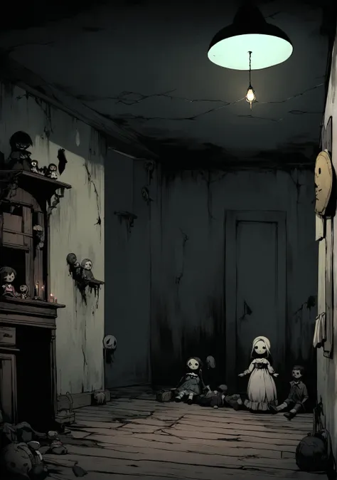 dark room, ceiling, creepy doll hanging from the ceiling, eerie atmosphere, dimmed lighting, ominous shadows, haunted ambiance, vintage decor, dusty air, flickering candle, chilling silence, uncanny presence, cracked walls, decaying floorboards, tattered c...