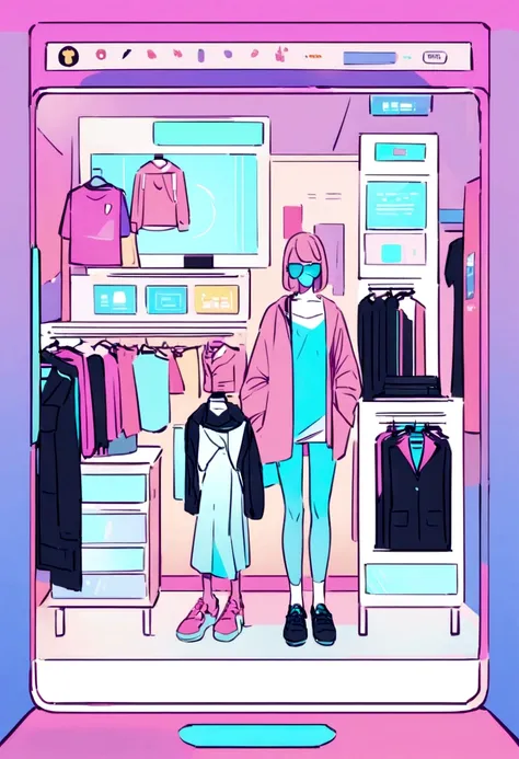 Generative AI avatar showcasing a futuristic shopping experience: a person interacting with a holographic personal stylist, seamlessly trying on clothes in a virtual beach setting, surrounded by digital screens displaying search results and product details