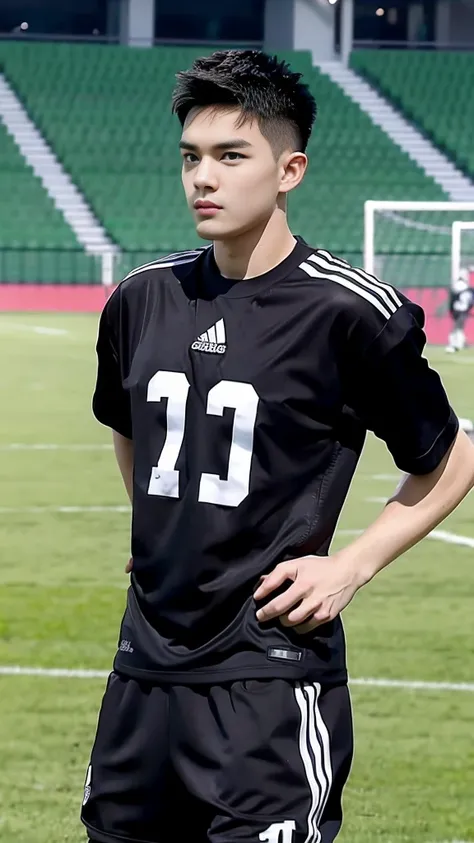 Handsome young man. Handsome young man, 20 years old.，Looking at the camera，Wearing a black Adidas t-shirt, standing on the football field.