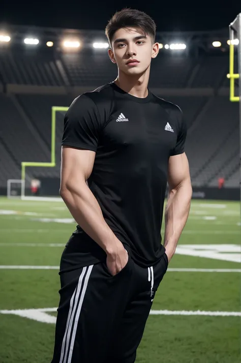 Handsome young man. Handsome young man, 20 years old.，Looking at the camera，Wearing a black Adidas t-shirt, standing on the football field.