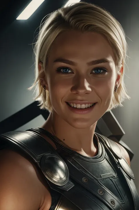 Portrait of thor in short hair and lighting  eyes smiling evils