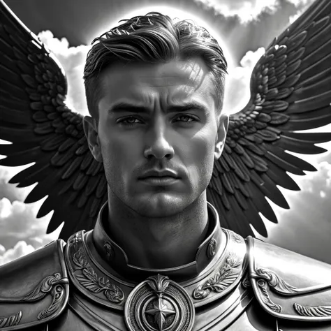 archangel, religious, surrealistic, thinking, Surrealism, Social realism, cinematic lighting, god rays, ray tracing, blending, multiple monochrome, masterpiece, high details, award winning, 8k, highres, best quality, strong man, the sky is like trembling, ...