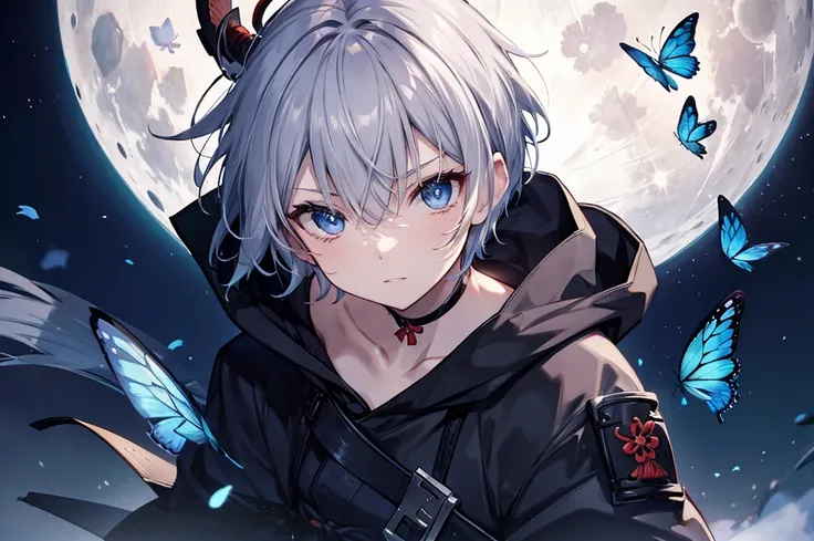 ((((samurai　inflammation))))　(((Gray Hair　short hair　blue eyes　woman　Center close-up)))，((night　full moon　Blue butterfly))，(Wearing a hood　Black camisole　Hold the sword)，　Showing teeth　Shining Background　Shining Edges