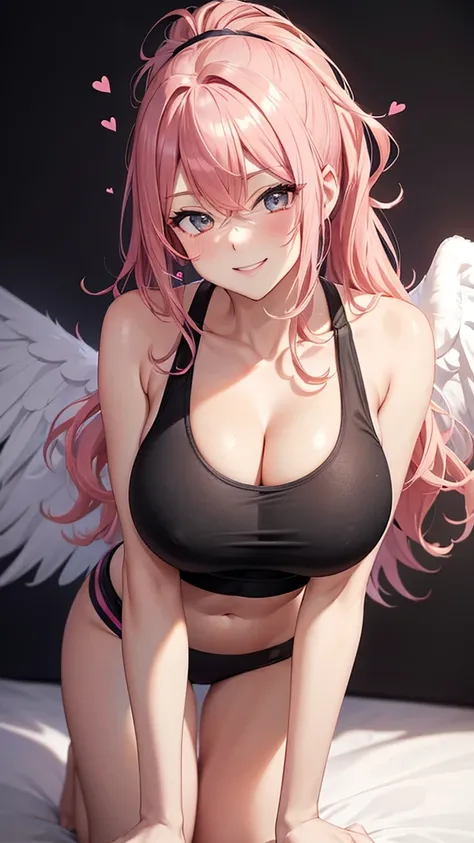 Erotic　Tall, pink hair, curly hair, ponytail, big breasts, mature, married woman　Grey shiny sports bra black background hearts bedroom dark theme evil fallen temptation excited condescending smile sexy pose upper body emphasis angle from below white angel ...