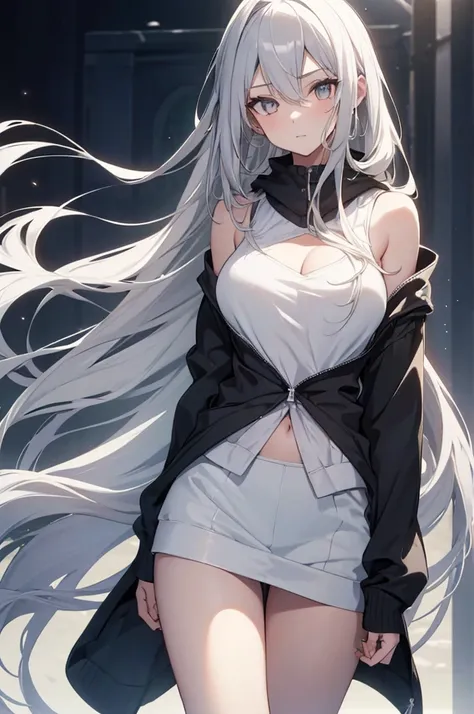 1girl, {Solitary}, Upper Body ,{{ {Watching at viewer}}}, Arms at your sides, Concept Art, white Background, simple Background, White hair, Silver gradient hair , Composite cloth, Asymmetrical clothes, Virtual YouTuber, best quality, masterpiece, Dynamic A...