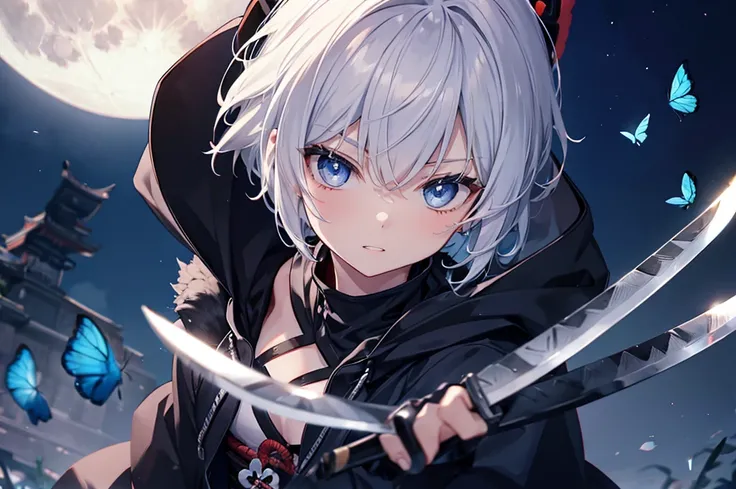 ((((samurai　inflammation　knife))))　(((Gray Hair　short hair　blue eyes　woman　Center close-up)))，((night　full moon　Blue butterfly))，(Wearing a hood　Black camisole　knifeを構える)，　Showing teeth　Shining Background　Shining Edges