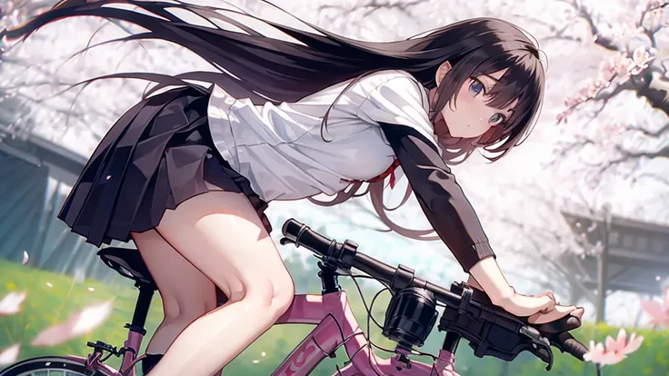 Girl with long flowing hair，Wearing a white shirt，Knee-length pleated skirt，Riding a white bicycle in a field of blooming cherry blossoms