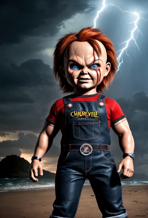 chucky, muscle, metallic effect, lightning effect, landscape beach