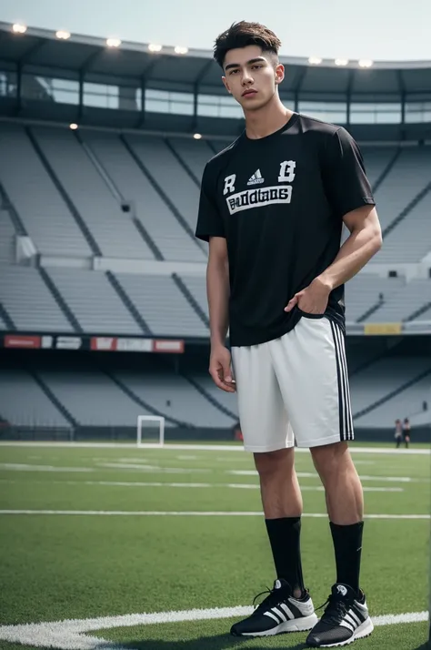 Handsome young man, top half ,Handsome young man 20 years old，Looking at the camera，Wearing a black Adidas t-shirt, standing on the football field.