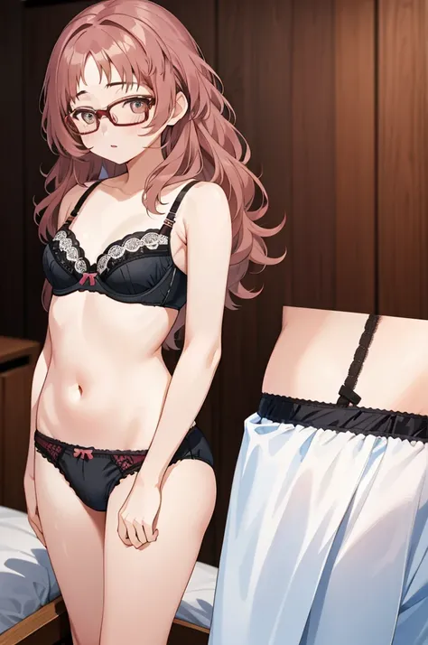 Mie Ai、1 girl、Wavy hair、glasses、small breasts、he is short、、High resolution、highest quality、detailed face、detailed eyes、(((pantie,bra))),looking viewer,cowboy shot