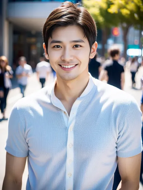 high resolution,４K,Charm、Realistic、Cleanliness、No beard、Japanese、Vibrant urban background,The charming smile of a cool man in his 20s。Define your face from the shoulders up。With confidence and flexibility、It has an eye-catching appeal。