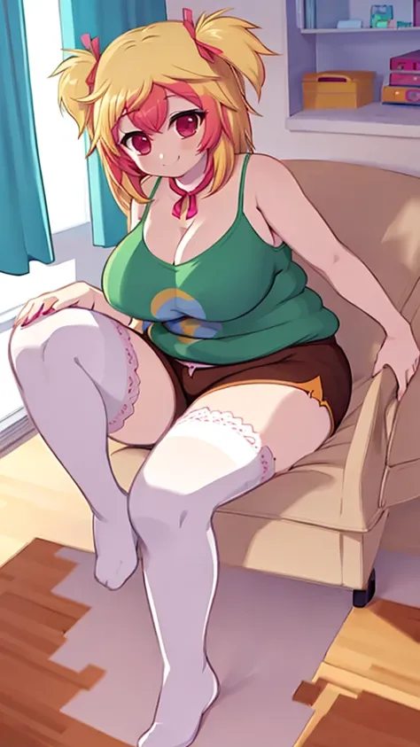 mio, 1girl, solo, breasts, blonde hair, multicolored hair, red eyes,large breasts,  cleavage, shorts, long hair, thighhighs,  brown shorts,  camisole, shirt, smile,  ribbon, indoors, bedroom, gaming_chair, chubby