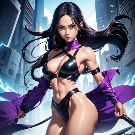 Japanese woman , Create a highly detailed image of Psylocke from Marvel Comics, featuring her toned, bodybuilding body. She is wearing a black swimsuit and has a long purple sash tied around her waist. Its arms and legs have black bands. The scene should p...