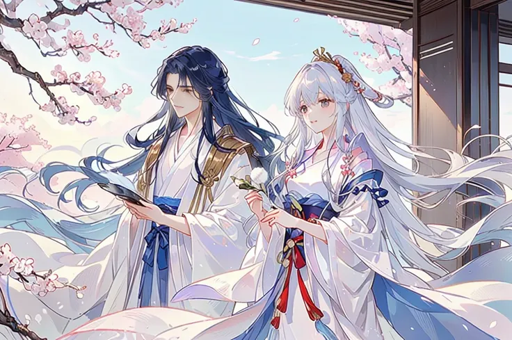 anime couple in traditional costumes standing in front of cherry blossom trees, flowing white robe, white hanfu, long flowing ha...