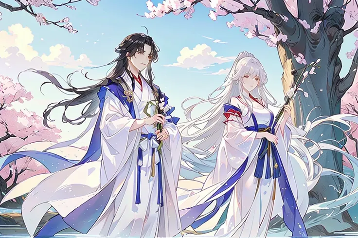 anime couple in traditional costumes standing in front of cherry blossom trees, flowing white robe, white hanfu, long flowing ha...