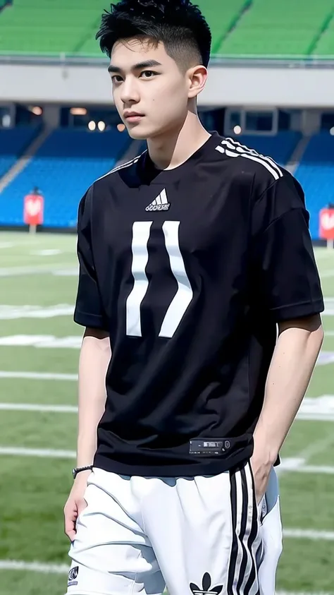 Handsome young man. Handsome young man, 20 years old.，Looking at the camera，Wearing a black Adidas t-shirt, standing on the football field.