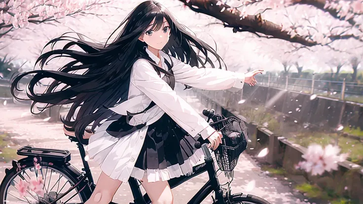 Girl with long flowing hair，Wearing a white shirt，Knee-length black dress，Riding a white bicycle in a field of cherry blossoms