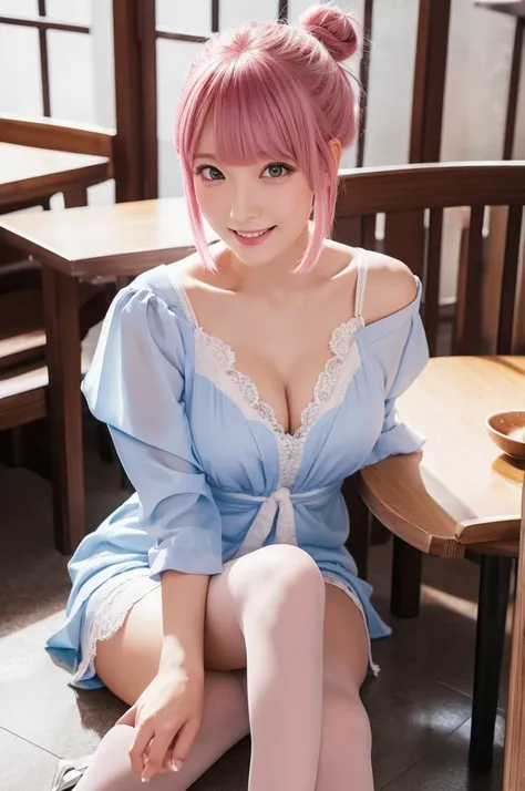 ichikanakano, Nakano Ichika, short hair, bangs, blue eyes, Hair between the eyes, Pink Hair, One side up, happy smile, smile, Open your mouth,blush,Open your mouth,White Chinese Dress,Hair Bun, double Hair Bun,Black Pantyhose,Stiletto heels,So that the who...