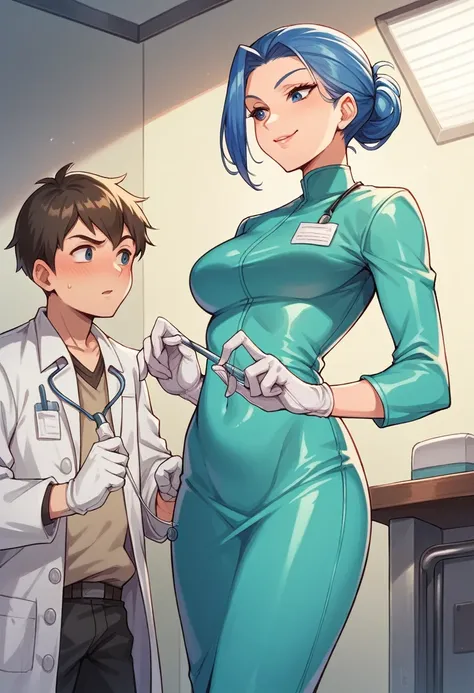 1girl, ((white gloves)), ((surgical gloves)), ((latex gloves)), ((blue surgeon outfit)), looking at boy, ((doctor)), ((long sleeves)), standing, ((femdom)), foreskin examination, 1boy