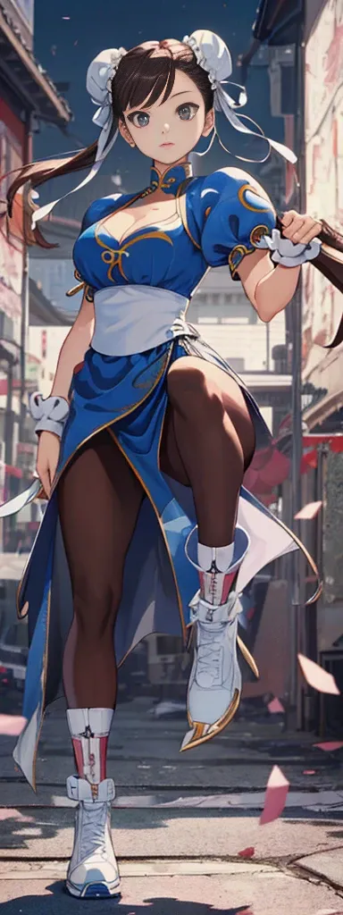 chun-li,((masterpiece)), ((best quality)), ((ultra detailed)), ((kawaii)), cute, (lovely), ((extremely detailed)), ((8K)), (beautiful),flat breast, tiny breast,full body