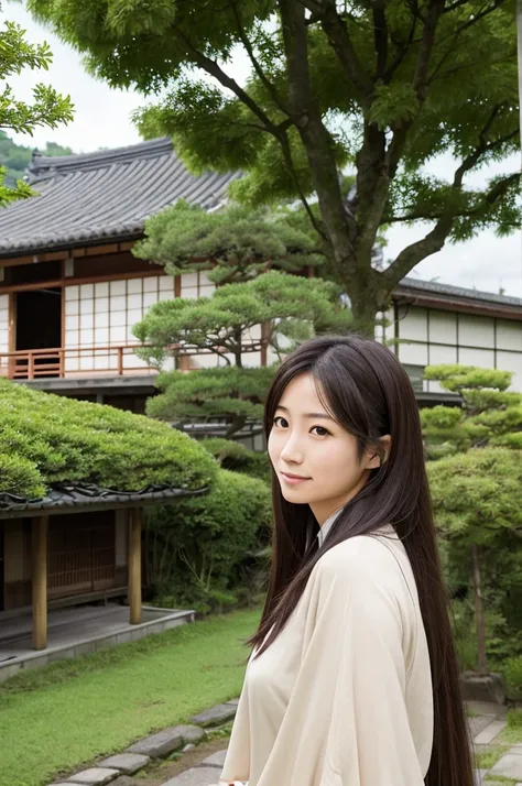 A kind Japanese housewife with long hair in the countryside, dressed in ordinary clothes. She is in a serene rural setting with traditional Japanese houses and lush greenery. The woman has a gentle expression and is relaxing in nature, reflecting a peacefu...