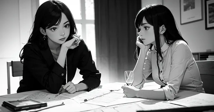 masterpiece, best quality, perfect anatomy, a young female architect, leaning her chin on both her hands, a  glass pyramid figure on the desk, fujimotostyle, Monochromatic