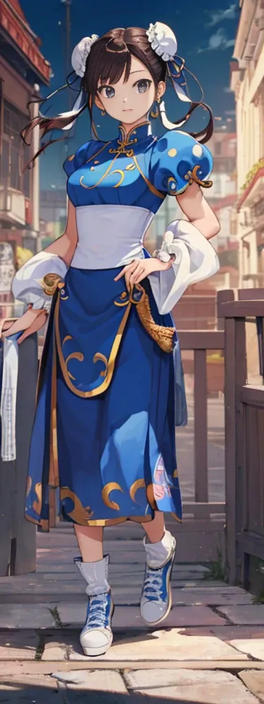 chun-li,((masterpiece)), ((best quality)), ((ultra detailed)), ((kawaii)), cute, (lovely), ((extremely detailed)), ((8K)), (beautiful),flat breast, tiny breast,full body