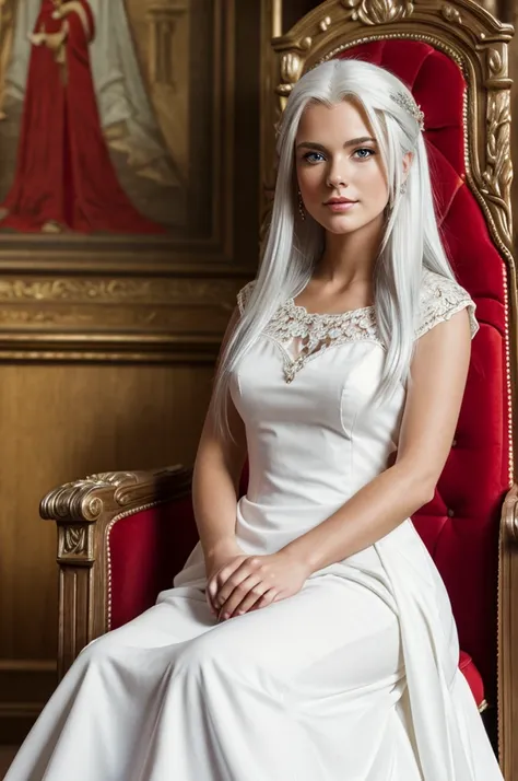 ((best quality)), ((masterpiece)), (detailed), perfect face white haired maiden on an elegant red dress. Sitting on a throne