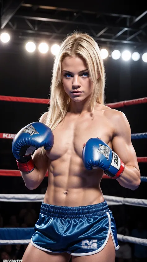 Sexy muscular blonde, 18 year old, (cobalt-blue boxing shorts), (sexy boxing shorts), blue eyes, straight blonde hair, ((topless, exposed chest)), boxing gloves,  intimidating pose in a boxing ring,