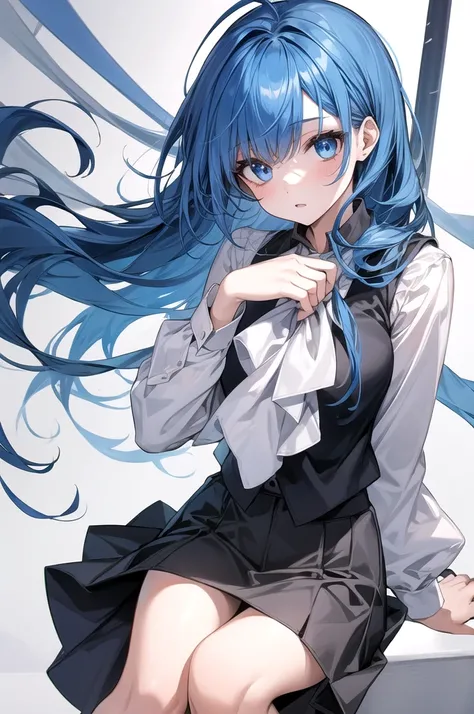 1girl, blue hair, blue eyes, white blouse, black vest, grey skirt, spring