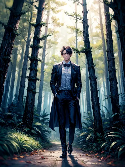 a dressed man attracted by darkness in a forest