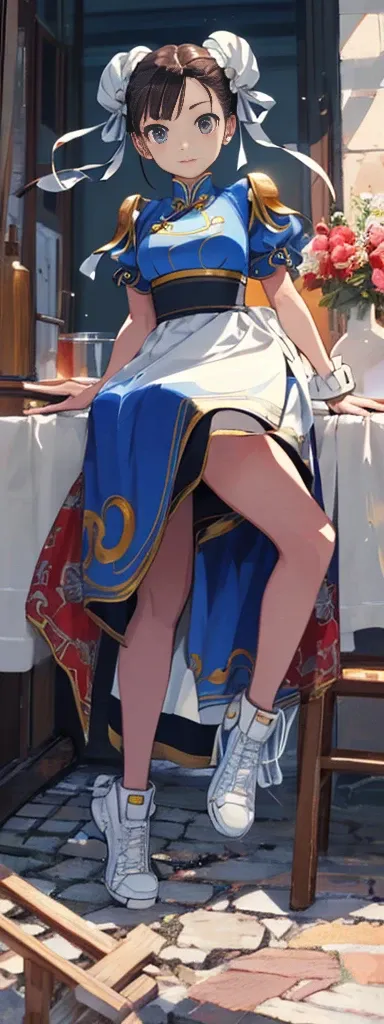 chun-li,((masterpiece)), ((best quality)), ((ultra detailed)), ((kawaii)), cute, (lovely), ((extremely detailed)), ((8K)), (beautiful),flat breast, tiny breast,full body