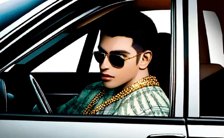 Create a realistic photo of a 20 year old boy driving a mercedes car, interior view of mercedes car, on the cars dashboard name ram naya" is written in a red name plat, boy is wearing a gold chain and there is bundles of cash in the other seat of the car, ...