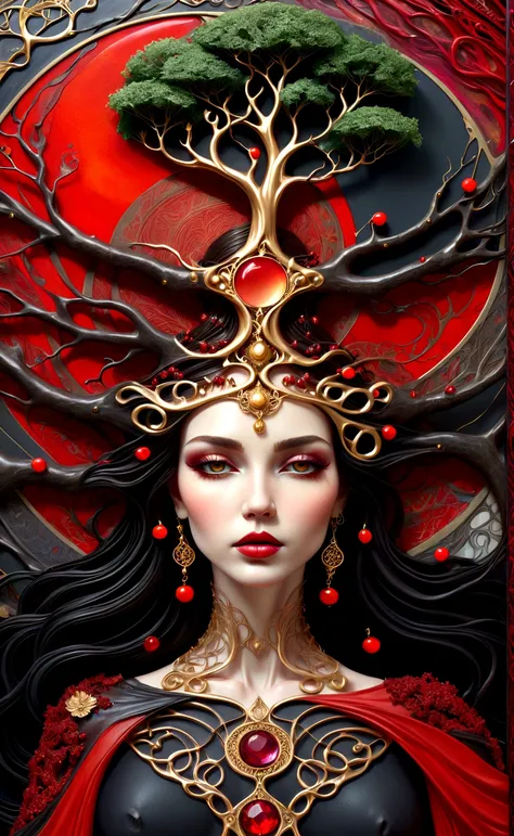 a beautiful portrait of a woman with the tree of life growing from her head in an abstract celtic texture with a tarot style frame, with colors of obsidian black, shiny gold, and ruby red, highly detailed, intricate design, BY Anne Bachelier,