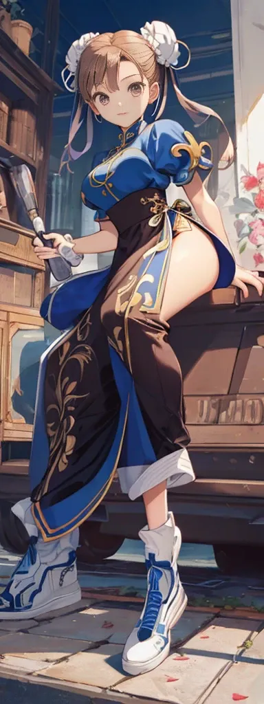 chun-li,((masterpiece)), ((best quality)), ((ultra detailed)), ((kawaii)), cute, (lovely), ((extremely detailed)), ((8K)), (beautiful),flat breast, tiny breast,full body