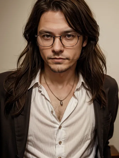 thin white man, western american, thirty years old, with brown hair below the ears, eyes browns, With glasses, similar to the actor johnny deep, dress with suit.