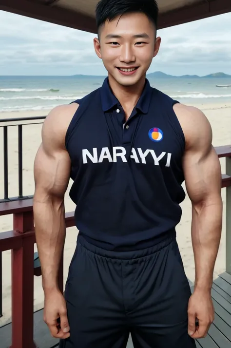 (Create a masterpiece: 1.2),(CGI art:1.3),(realistic:1.5),(After processing:1.3), (Sharp focus:1.3), 1 man, open mouth, smile, (Shirt with open buttons), Navy cargo pants, Korean guy , korean men, (High gloss details), chest muscles, large arm muscles, blo...