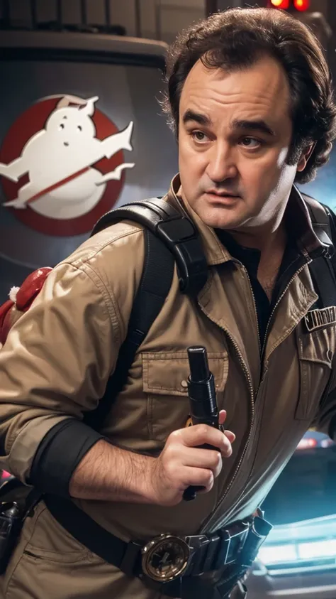 John Belushi as the original Ghostbusters squad, realistic, 8K, extreme close up, portrait, professional, cinematic, film,
