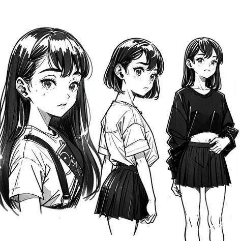 one girl,line art,monochrome,sketch,pencil drawing,traditional media,one girl, skirt,cute teenage girls, ,beautiful portrait、del...