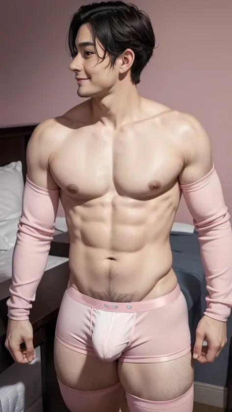 (Cute beautiful fragile short adult boy Adalgusto), thin arms, flat chest, sexy chubby legs, exposed sexy flat tummy, pink trunks, long sleeves cropped, little dick bulge, thigh socks , bedroom background, wavy hair, side view, shaved body, sexy curvy post...