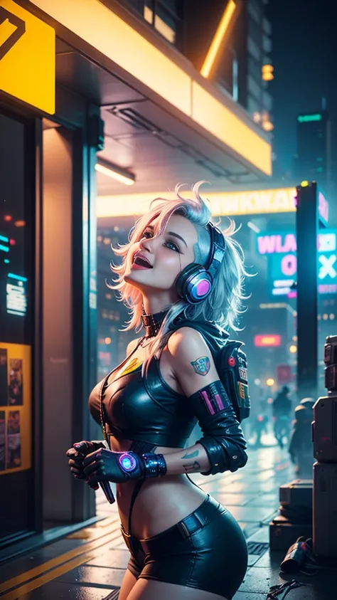 (1 cyberpunk girl in a colorful Harajuku style pop outfit)), (((Looking up))), cowboy shot, wind, messy hair, ((Cyberpunk 2077 cityscape)), (Cyberpunk aesthetics and atmosphere:1.3), (Blade runner), bright colors, smiling, ((cinematic lighting)) 　
Headphon...