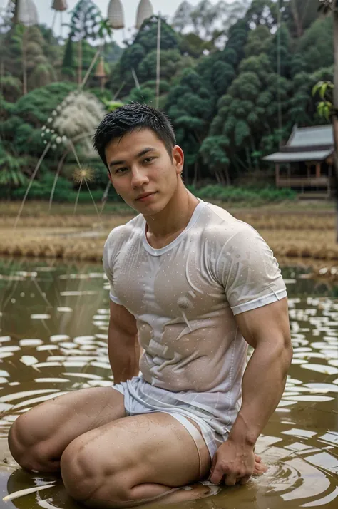 独奏 , 1 person sitting on the floor , Image of a handsome Asian rugby player, short hair, no beard, muscular, big muscles, wearing a wet white round neck t-shirt, outdoors, rice field, countryside. (cow buffalo):1.5, Thailand Laos Burma Asia ,(bokeh backgro...