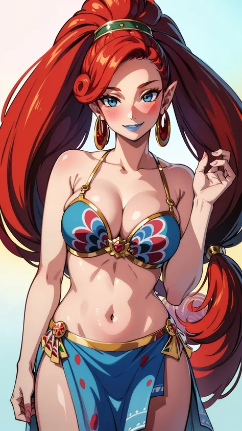 best quality, high resolution, large breasts, red hair, blush, smile, cowboy shot, looking at viewer, Urbosa, blue lip,