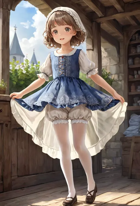 10 year old girl underwear, Kind Face, Realistic bloomers made from patterned cotton fabric, Medieval one-piece dress with panniers, Fabric Realism, Low - Angle, You can see the drawer, Pull up the dress by hand, Semi-transparent bloomers, Strong winds, Tr...