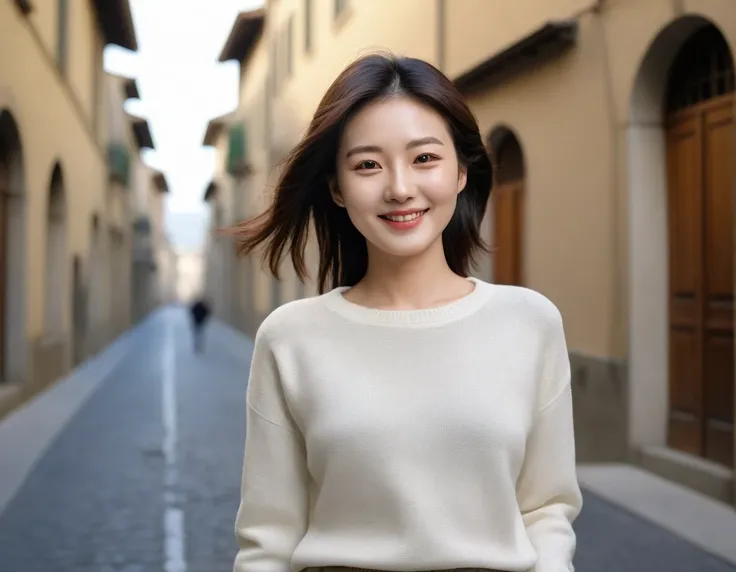 k Best picture quality, Beautiful 36-year-old Korean woman, short and good weather. Chest size 34 inches, downtown Florence, Italy, Alley where travelers come and go, Back background realistic and vivid image quality, Short and medium hair blowing in the w...