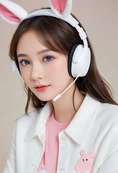 girl wear pink shirt and white jacket ,portrait ,high quality , wear rabbit headset, blue eyes , blushing face