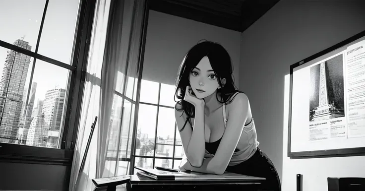 masterpiece, best quality, perfect anatomy, a young female architect, leaning her chin on both her hands, a  glass pyramid figure on the desk, fujimotostyle, Monochromatic